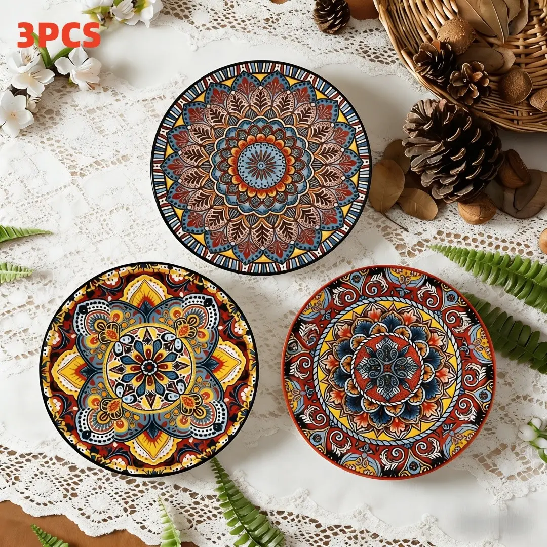 3-Piece Boho Style Round Plate Set, 8.07 Inch Meat, Dinner, Fruit, Salad, Decorative Plates, Dinnerware, Dishwasher Safe Tableware & Microwave Safe, Non-Bone China, Bohemian