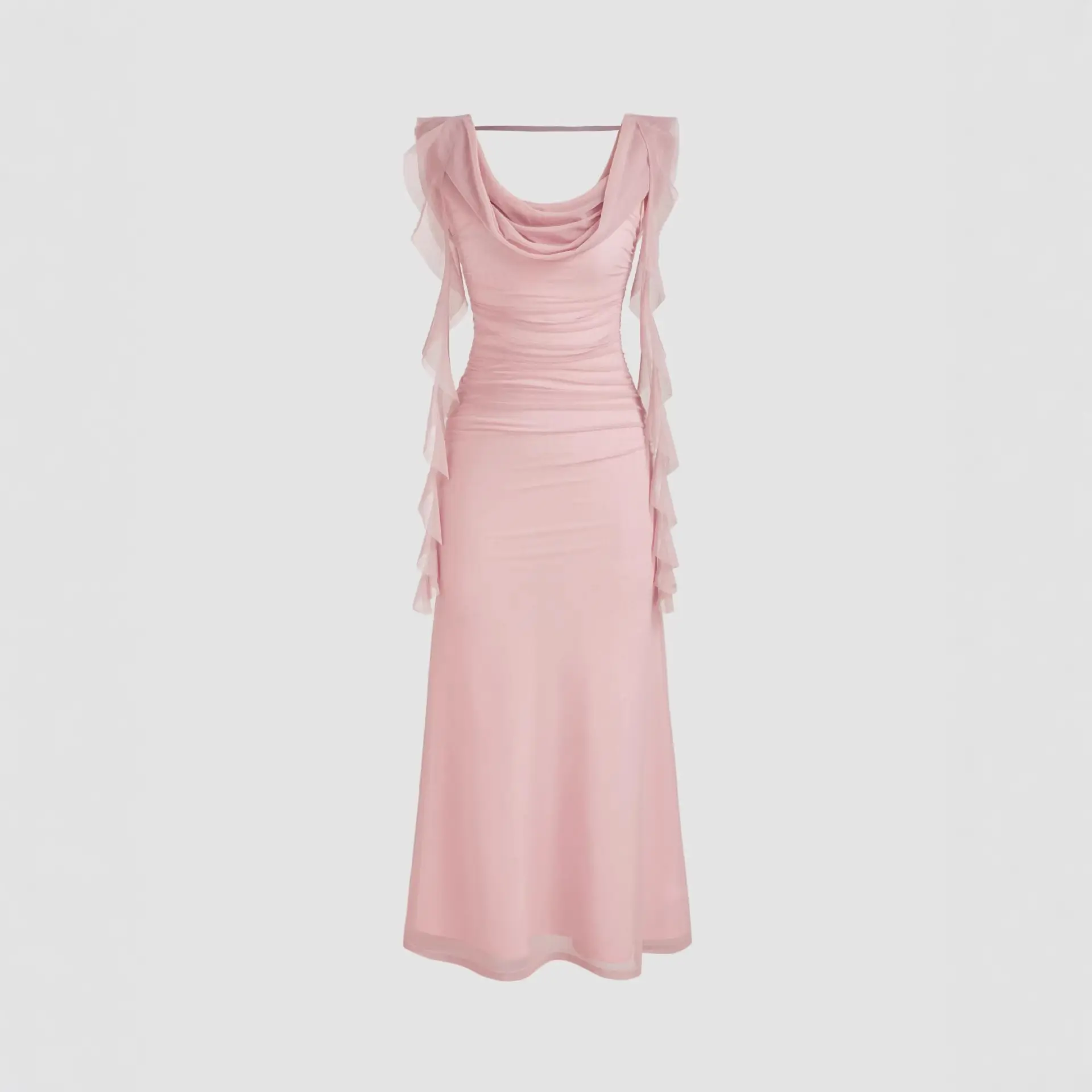 Ruffle Hem Ruched Maxi Dress 2026 New Pleated Ribbon Mesh Dress Gown with Ruffles for Women
