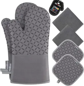 6PCS Oven Mitts and Pot Holders Set – Extra Long Heat Resistant Gloves up to 500°F with Non-Slip Silicone Grip for Cooking & Baking (Grey)