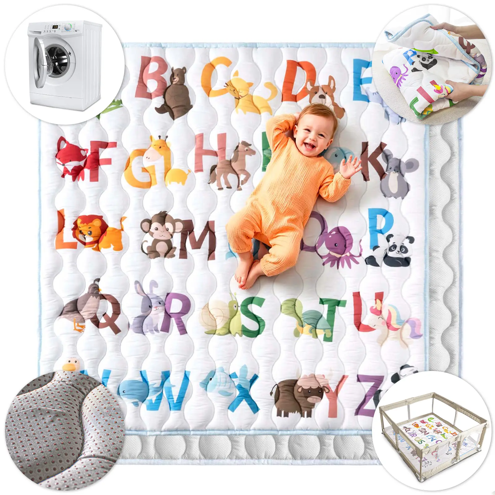 Primlect Baby Play Mat - 50x50 Floor Size, Alphabet Print & Animals Letters Design, Super Soft Quilted Edge, Upgraded Anti-Slip Base, Machine Washable for Floor Use