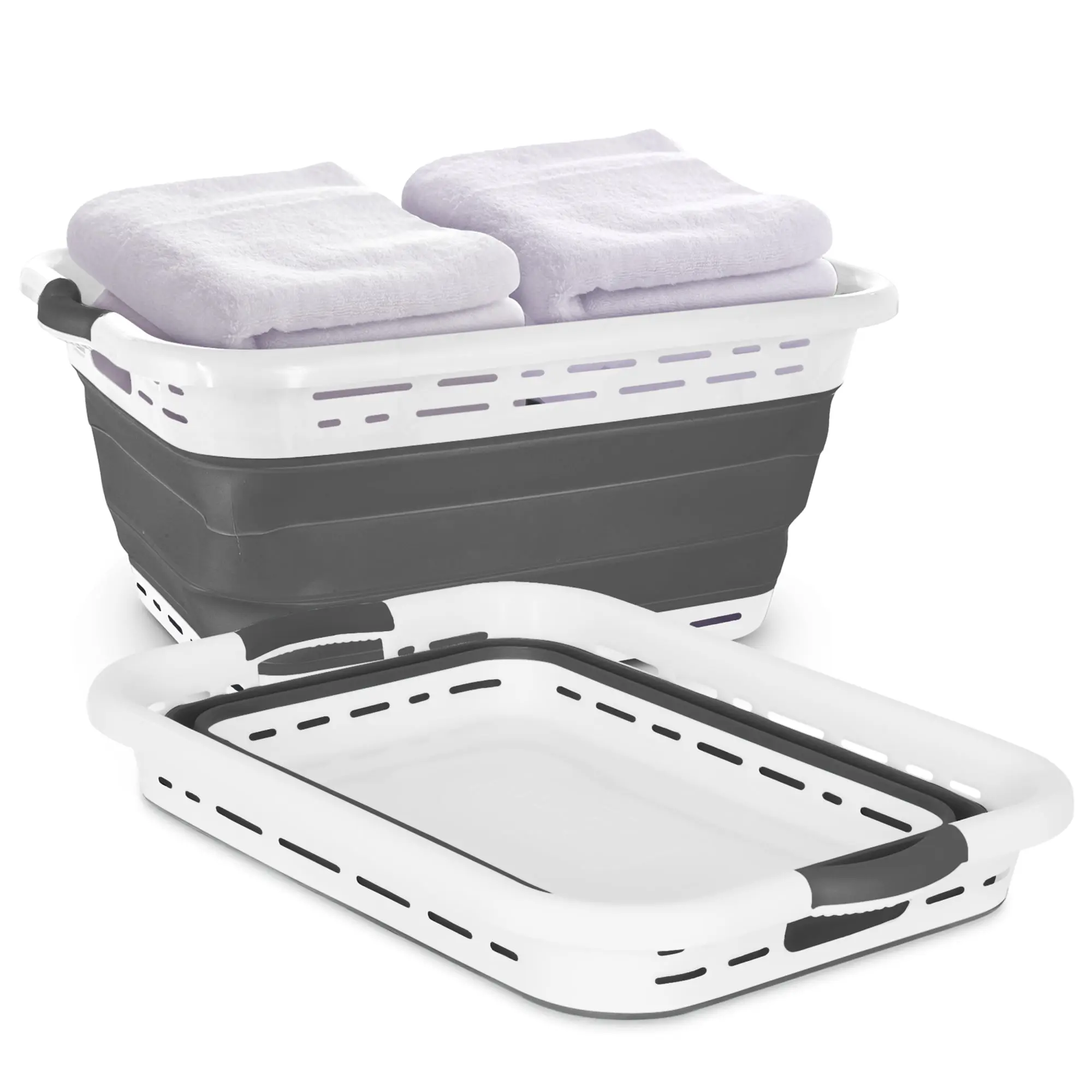 Collapsible Laundry Basket with Handles, White and Gray, Space-Saving Portable Laundry Hamper for Adults