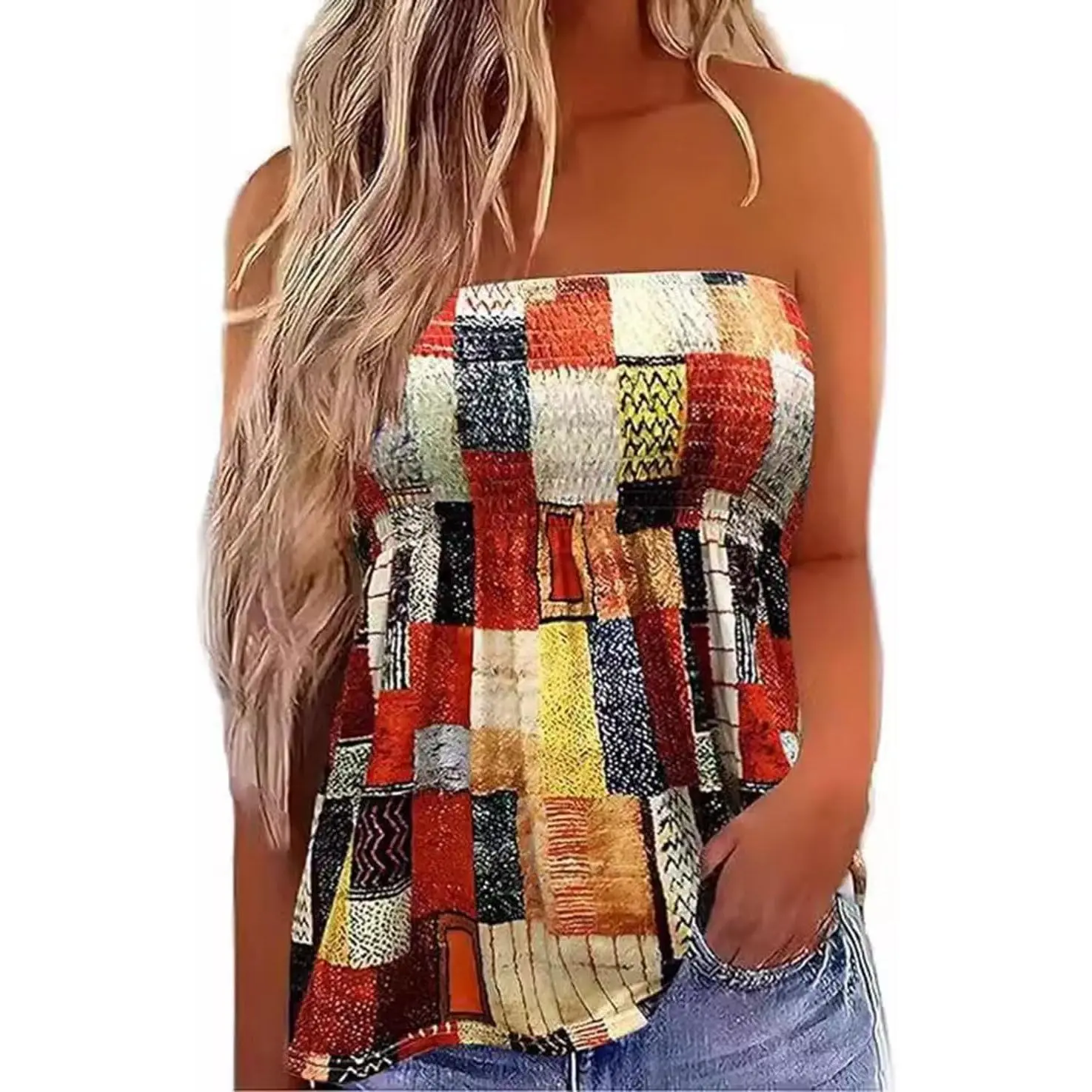 Women's Off-Shoulder Peplum Bandeau Tunic - 50% Cotton 50% Polyester, Casual Soft Sleeveless, Boho Eyelet Smocked, Elastic Trim Summer Going-Out Ruffle Strapless Tank Shirt (Women's Tanks & Camis)