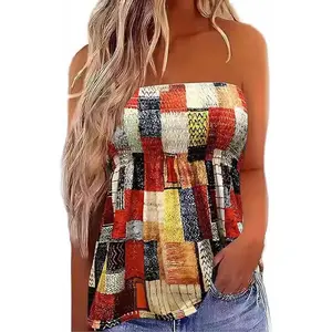 Women Elastic Trim Strapless Vintage Blouse Multicolour Off The Shoulder Tee Casual Shirts Sleeveless Top Tunic Womenswear Bandeau Boho Bohemian