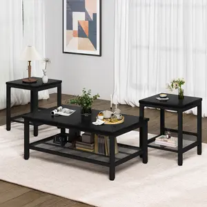 LinkRomat 3 Pieces Living Room Table Set, Industrial Coffee Table & 2 Square End Side Tables, Modern Coffee Table Set With Large Storage for Small Spaces Living Room, Apartment, Office
