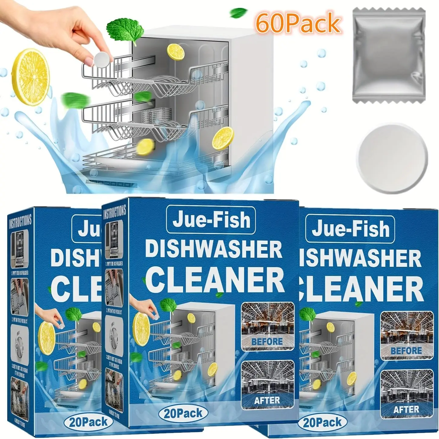 Dishwasher Cleaning Tablet, 20/40/60 Packs Highly Efficient Dishwasher Cleaner, Household Kitchen Tableware Care Supplies, Washing Tablets, Dishwasher Detergent, Kitchen Cleaners, Scented Cleaning Products