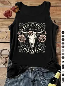 Women's Western Cow Skull & Rose Print Round Neck Fitted Tank Top, Fashion Casual Crew Neck Sleeveless Top for Daily Holiday Vacation Outdoor Wear, Ladies Clothes for All Seasons, Socks, Summer Clothes