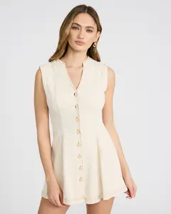Express Stretch Denim V-Neck Sleeveless Button Front Mini Dress