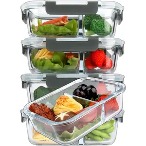[5-Pack,36 Oz]Glass eal Prep Containers 2 Copartents Portion Control with Upgraded Snap Locking Lids Glass  Storage Containers, icrowave, Oven, Freezer and Dishwasher (4.5 Cups)