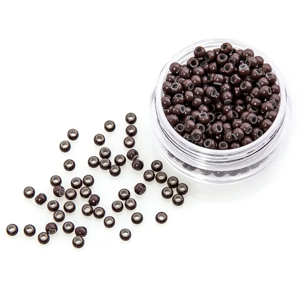 Micro Rings for Hair Extensions, 500 Count Brown Silicone Lined Copper Beads for I-Tip and Nano Tip Extensions, 3.0mm, Dark Brown