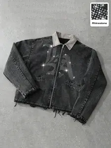Men's Fashionable Distressed Denim Collared Jacket With Rhinestone Letter Print, Casual Streetwear For Daily, Commute Emo Jacket Rhinestone Jacket Vintage Jacket Grunge Jacket Star Jacket