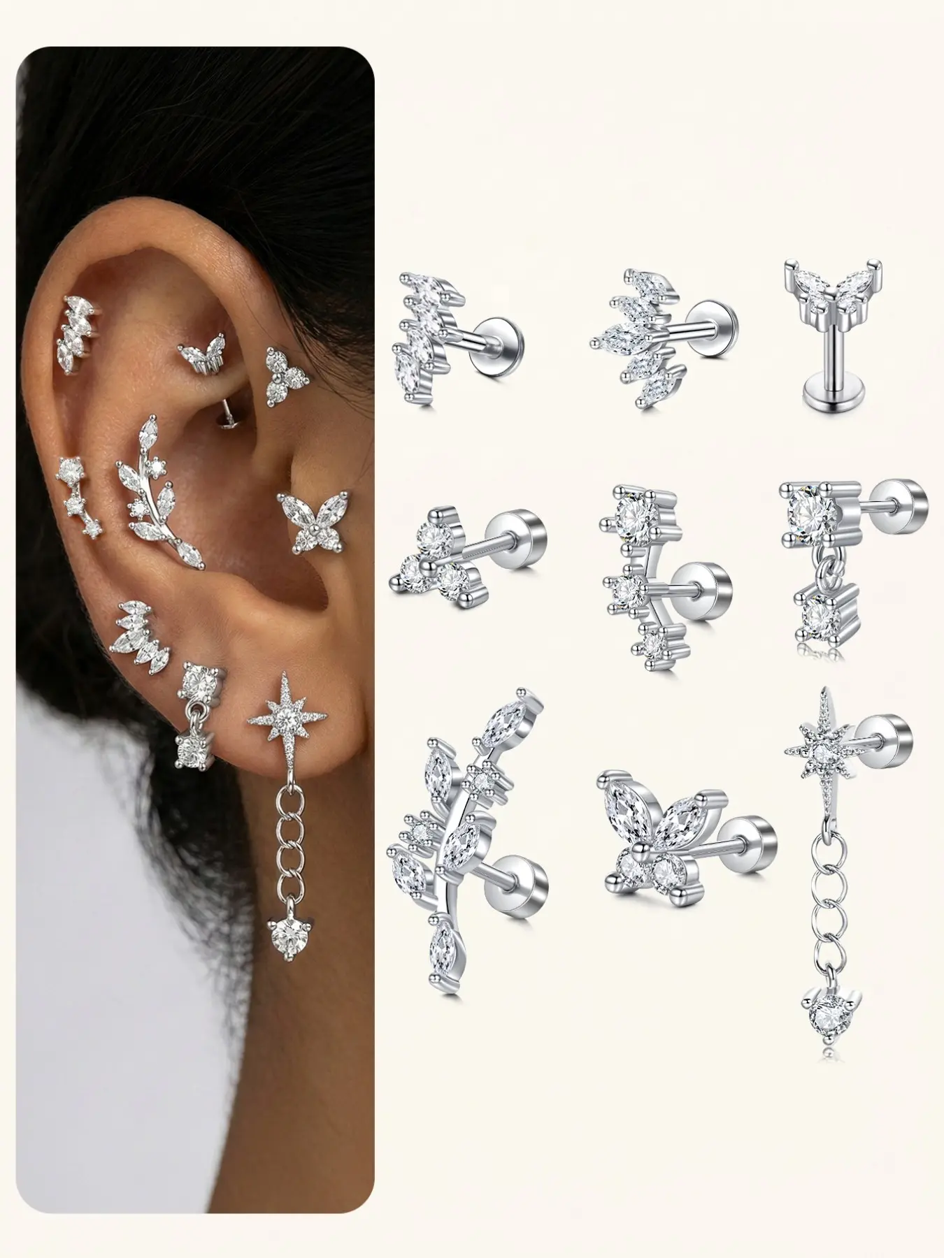 9pcs Hypoallergenic Flat Back Earrings for Women, Stainless Steel Earring Stacks Set, Silver Color Flatback Stud Earrings for Cartilage Helix Piercing, Stud Earring Jewelry, Flat Pierced Jewelry, Dainty Earrings, Earring Stacking Set