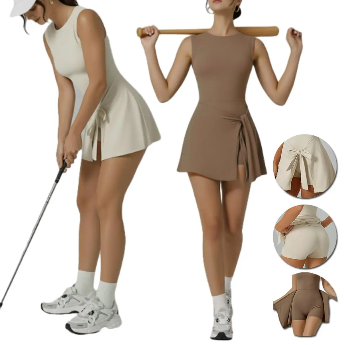 Women's Athletic Tennis Dress - Sleeveless Nylon Blend Tank Top-Skirt with Ruffle Side Slit, Tie Front, Built-in Shorts for Dance, Hiking Multi-Sport Activities
