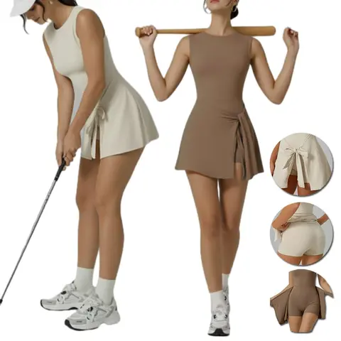 Women's Slim-Fit Solid 77% Nylon-Spandex Quick-Dry Athletic Tennis Dress - Sleeveless Tank Top-Skirt, Ruffle Side Slit, Tie Front, Built-In Shorts, Sporty Chic for Tennis, Hiking, Travel