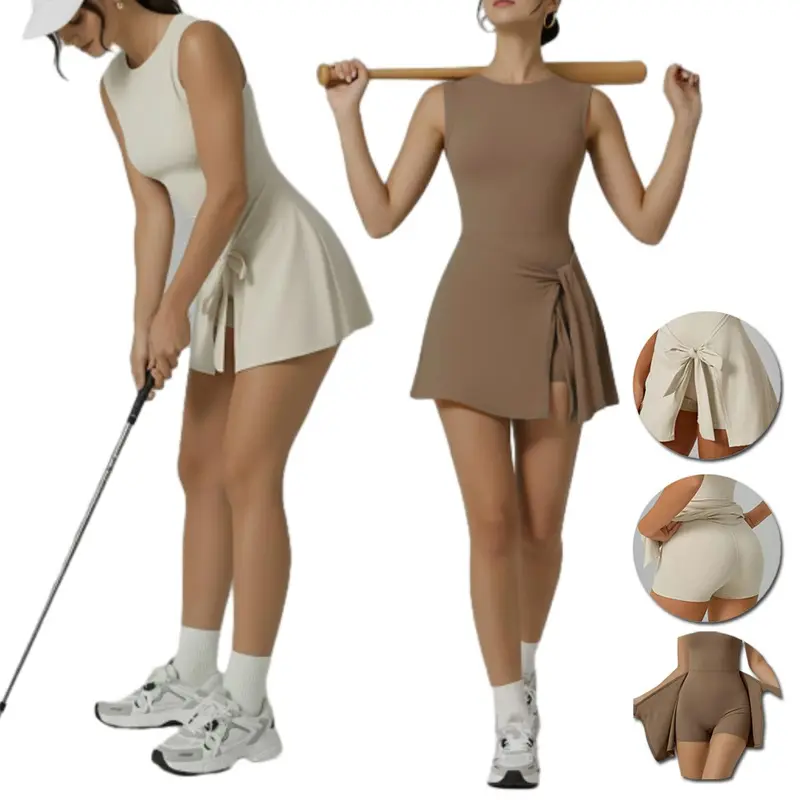 Women's Slim-Fit Solid 77% Nylon-Spandex Quick-Dry Athletic Tennis Dress - Sleeveless Tank Top-Skirt, Ruffle Side Slit, Tie Front, Built-In Shorts, Sporty Chic for Tennis, Hiking, Travel