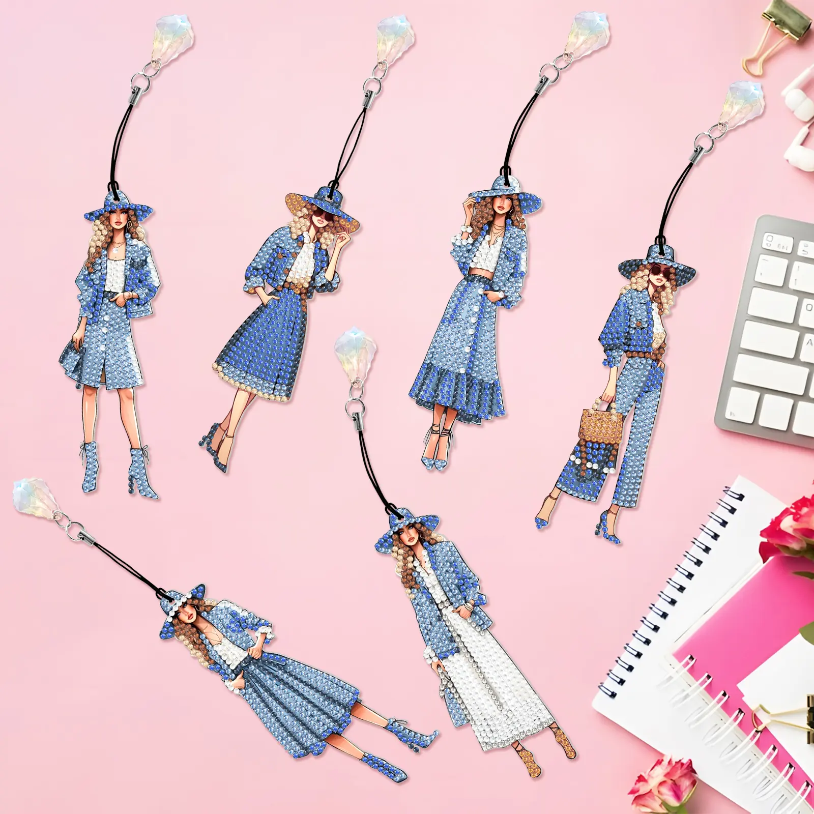 6 Trendy Denim-Style Girl Diamond Painting Bookmarks Kit, 6Pcs DIY Needlework Craft with Durable PVC Base, Full-Drill Rhinestones & Crystal Pendant, Ideal for Book Enthusiasts & Chic Outfits Lovers