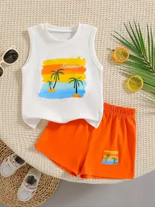 [Single Piece] Valentine's Day Gift, Baby Boys' Summer Sleeveless Outfit, Fresh Vacation Style, White Coconut Tree & Sunset Print Tank Top + Orange Shorts with Matching Decor, Elastic Waist for Easy Wear, Ideal for Summer Home, Outdoor Play & Valentine's