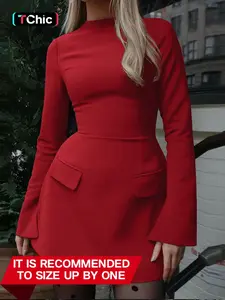 Women's Plain Split Flounce Sleeve Flap Detail A Line Dress, Elegant Long Sleeve Stand Collar Short Dress for Party Holiday Wedding Guest, Ladies Spring & Fall Clothes