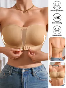 Sexy Mesh Patchwork Strapless Front Buckle Fit Bra, Non-Slip Tape, Shoulder Padded, Wireless, Thin Lining, Daily Wear, All Seasons