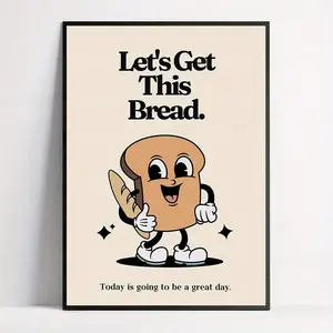 Retro Mascot Poster: Let's Get This Bread - Motivational Kitchen Art for Living Room, Bedroom, Home Office, Bathroom, Kitchen, and Bedroom - Cartoon, Frameless, Art Print, Indoor Use, Spring & Winter Seasons