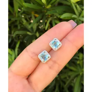 Sterling Silver Princess Cut Aquamarine Earrings.