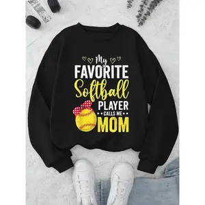 "My Favorite Softball Player Calls Me Mom" Women's Crew Neck Long Sleeve Sweatshirt - Softball Lovers Graphic Print Casual with Heart & Baseball Design Womenswear Hoodie Tops Black