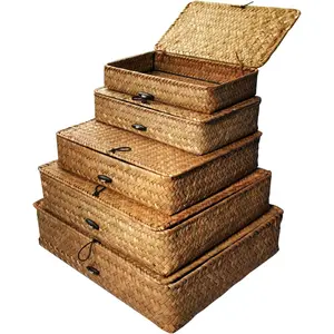 5 Pcs Seagrass Basket with Lid 5 Sizes Decorative Storage Boxes Rattan Wicker Storage Basket with Lids Woven Organizer Baskets Multipurpose Flat Storage Bins for Shelf Closet Bedroom (Brown)