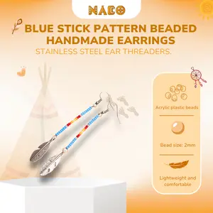 Boho Feather Dangle Earrings – Blue & Rainbow Beads | Handmade Native-Inspired Jewelry