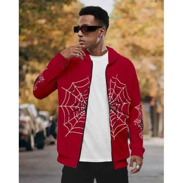 Men Y2K Fashion Hoodie Red Spider Web Print Zip Up Hoodie Clothes