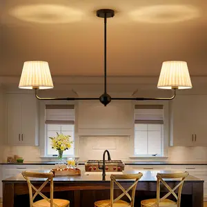 Black Linear Chandelier, 43.3" Modern Double Linear Kitchen Island Light with White Fabric Shade for Dining Room Restaurant Living Room