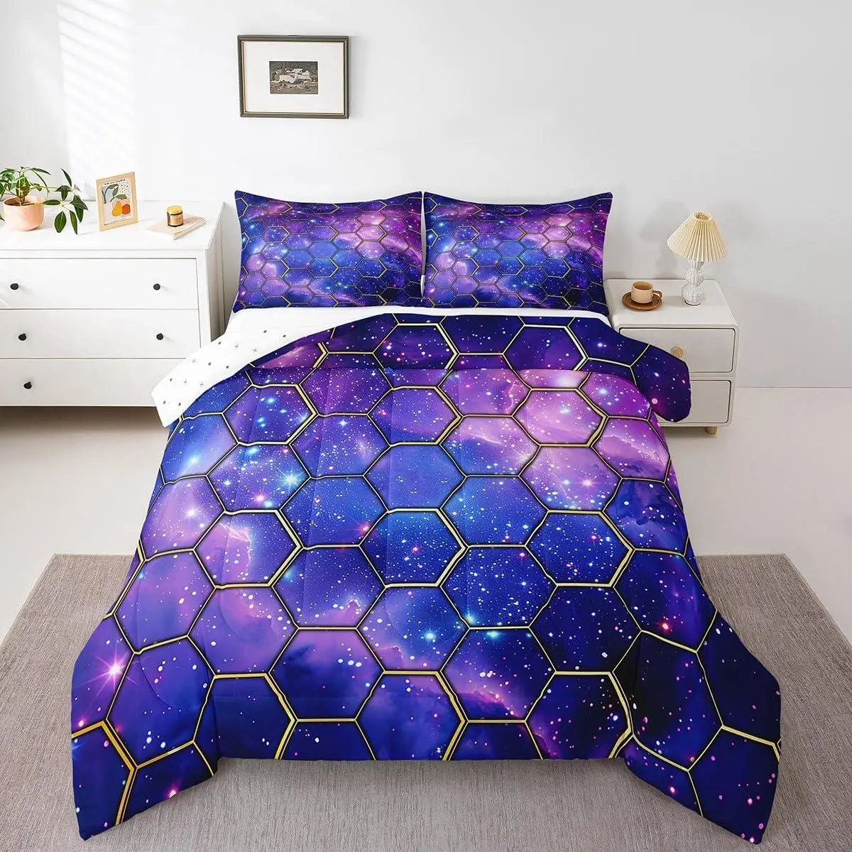 Blue Galaxy Comforter Set,Geometric Hexagon Print Bedding Set,Purple Starry Sky Honeycomb Down Comforter for All Season,Kids Boys Girls Room Decor