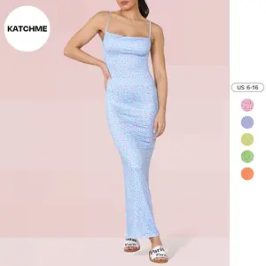 KatchMe Women's Sweet Floral Print Low Back Thin Straps Slinky Dress,Slim-Fitting Sleeveless Womenswear,Backless Ladies Spaghetti Straps Maxi Dresses