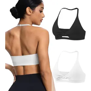 2 Pack Sports Bras for Women - Push Up Medium Impact Halter Adjustable Strappy Workout Wireless Bra