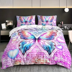 Butterfly Pattern Bedding Set, Polyester Material, 1 Fitted Sheet + 2 Pillowcases, No Core Design, Home & Dorm Essentials, Fashionable Home Textiles, Bedroom Bedding Set