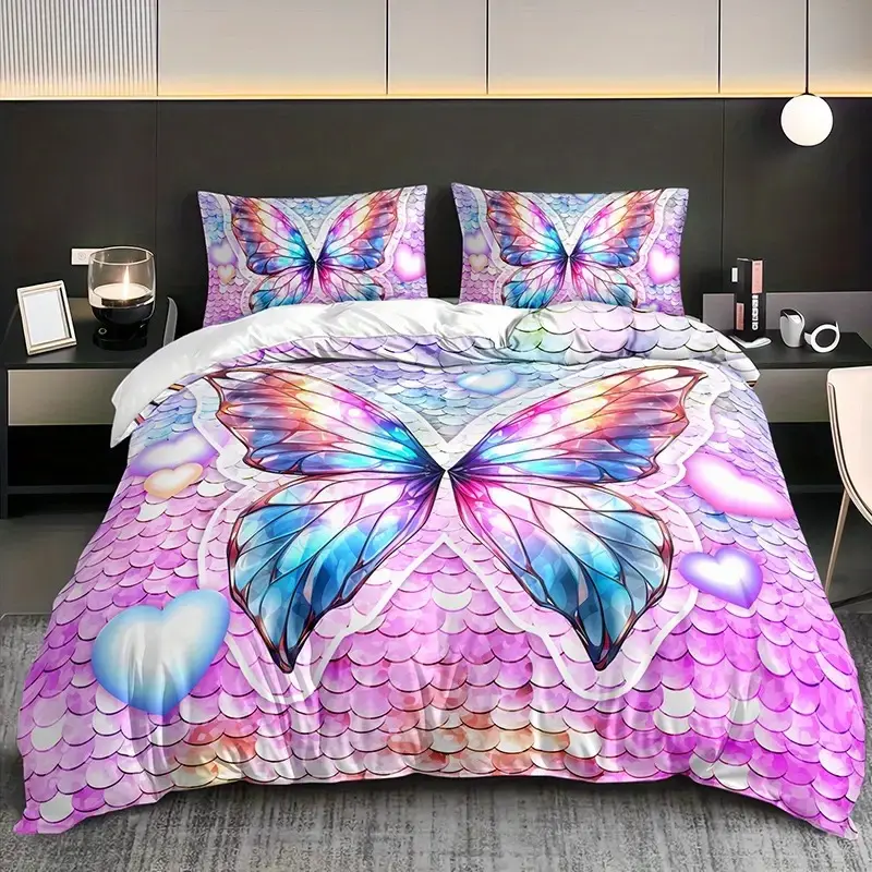 Butterfly Pattern Bedding Set, Polyester Material, 1 Fitted Sheet + 2 Pillowcases, No Core Design, Home & Dorm Essentials, Fashionable Home Textiles, Bedroom Bedding Set