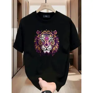 Men's Tiger Head Pattern Short-Sleeve Round Neck T-Shirt - Menswear Casual Streetwear Top, Classic Loose Boyfriend Fit, Daily Wear for Men