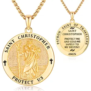 Bernashen S925 Sterling Silver Gold St Christopher Necklace for Men Sterling Silver Saint Christopher Medal Pendant Jewelry Amulet Saint Medal Gifts for Men Women