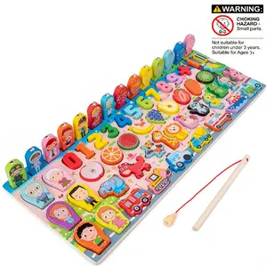 Montessori Multifunctional Logarithm Board, Early Education Shape Recognition Puzzle, Number Building Blocks Fishing Toy for Kids, Shape Sorter, Wooden