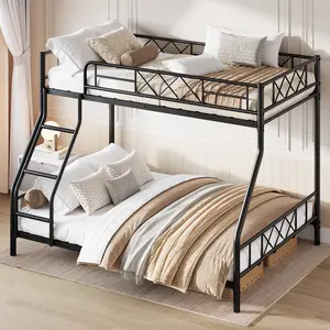 Twin Over Full Size Bunk Bed for Adults & Teens, Low Profile Bunk Bed with Length Guardrail and Ladder, No Box Spring Needed, Space Saving, Black/White/Grey(2 Packages)