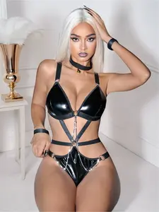 Women's Faux Leather PU Sexy Jumpsuit, Lace-up & Chain Design with Bells, Wire-Free Lingerie, 4-Piece Set plus size clothes sneaky lingerie