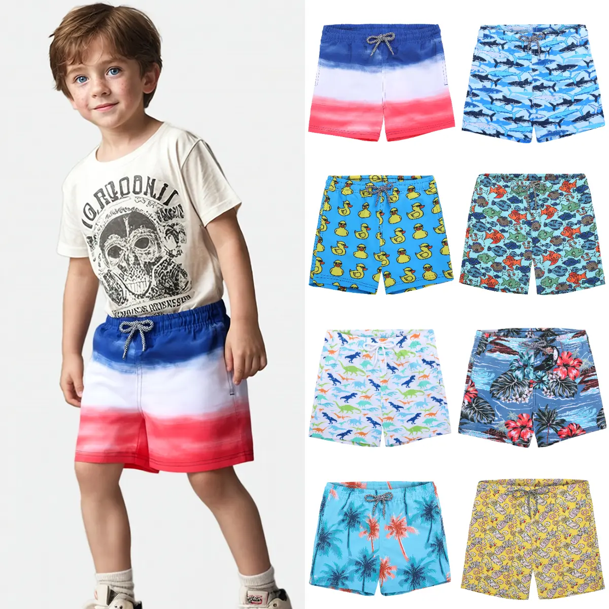 Boys' Sporty Floral Swim Trunks, Quick-Dry Summer Outdoor Shorts for Pool and Beach, Comfortable Kids' Swimwear, Sporty Kids' Swimwear Flower Print Swimsuit