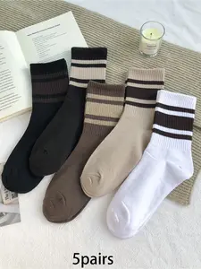 5 pairs Fashion Striped Retro Middle Socks Maillard Series Comfortable Fit Casual Couple Matching Socks Suitable for Women's Daily Versatile Home Wearing Socks