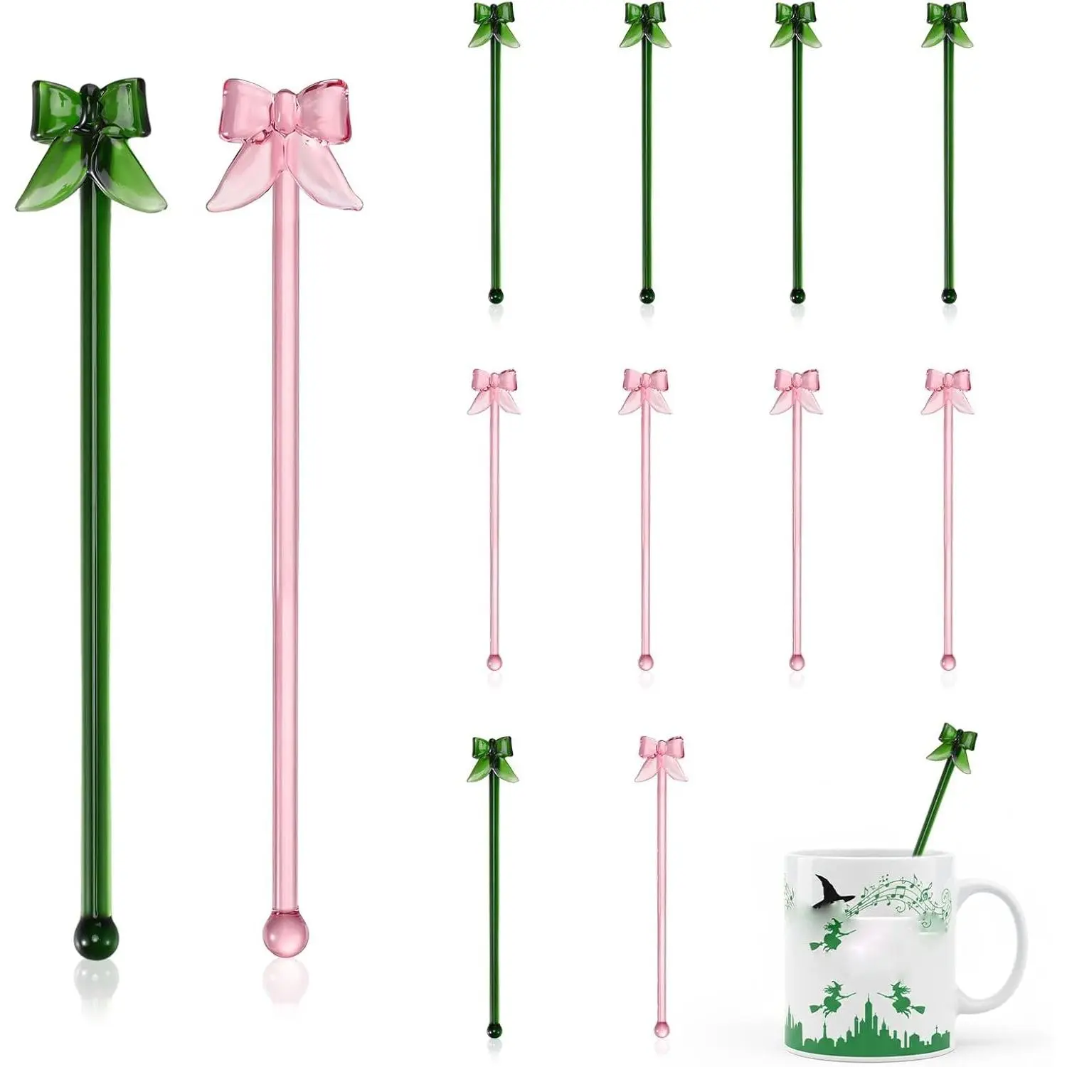 6 count  Glass Swizzle Sticks 7 Inch  and Green Party Decorations  Bow Drink Stirrers for Princess and  Galentine's Day Birthday Weddings Party Decor