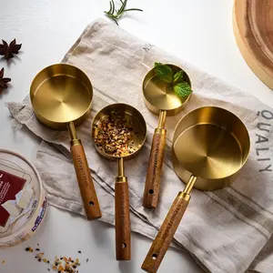 Anti-scald Walnut Color Handle Measuring Spoon Cup Food Safe Stainless Steel Baking Gadget