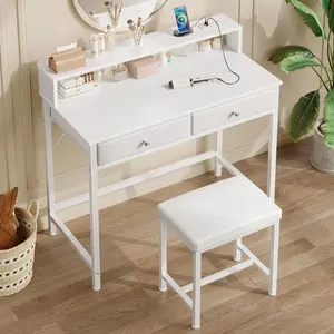 Vanity Desk Without Mirror, Makeup Vanity with Drawers and Charging Station, Small Desk with Storage for Bedroom, Simple Home Office Computer Desk for Small Spaces, White