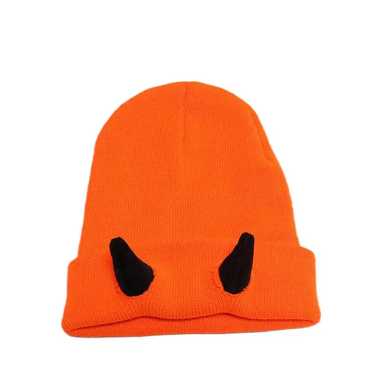 Orange hat with black horns