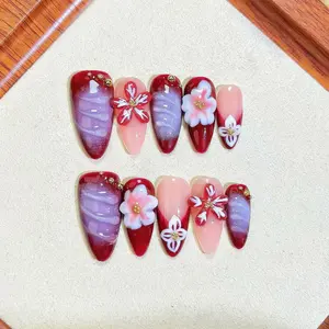 Gradient Hand-painted 3D Sculpted Mid-length Fake Nails, Handmade Press on Nails, 10 PCS Reusable False Nail