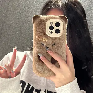 Capybara Plush Case for iPhone14/15 | Milk Tea Brown Capybara Shape + Mini Hair Clip + Full Soft Shell | Warm & Shockproof | Autumn & Winter Outing/Selfie Cute Sweet Girl Style