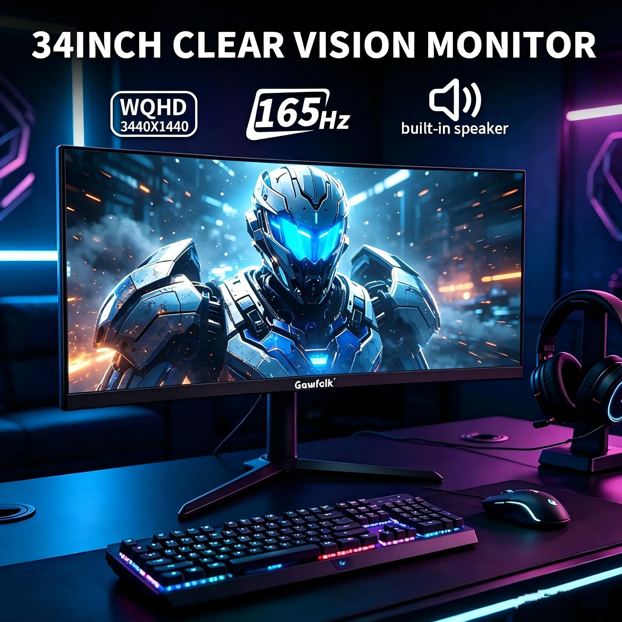 Gawfolk 34" Ultrawide Curved Gaming Monitor - 165Hz UWQHD 3440x1440 VA 3800R FreeSync, Built-in Speakers, VESA, DP, HDMI, for Sim Racing & Remote Work | PC Gaming, Computer, Desktop Use, Pc Monitor Gaming, Computer Monitor