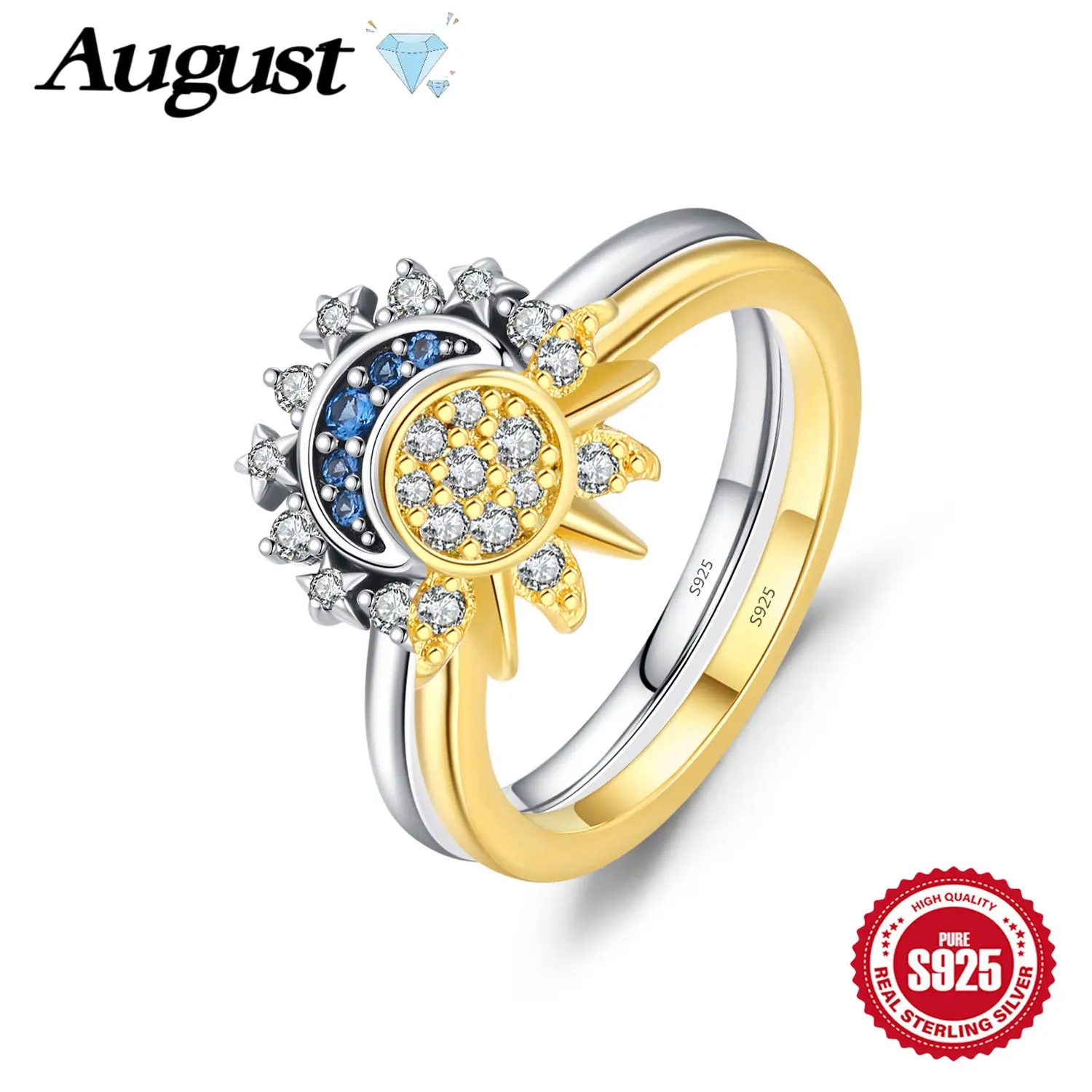 S925 Sterling Silver Sun and Moon Couples Ring, Elegant Stackable Band with Star Design and Cubic Zirconia for Daily Wear, Sun And Moon Design
