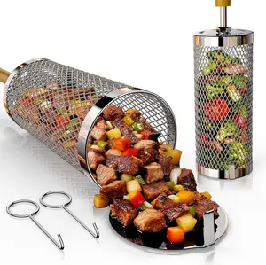 Rolling Grill Basket 2-Pack,304 Stainless Steel Grill Basket with Removable Wooden Handle,BBQ Tool & Smoker Accessory for Veg & Shrimp,Ideal for Outdoor Cooking,Camping & Gifts for Dad/Husband/Men